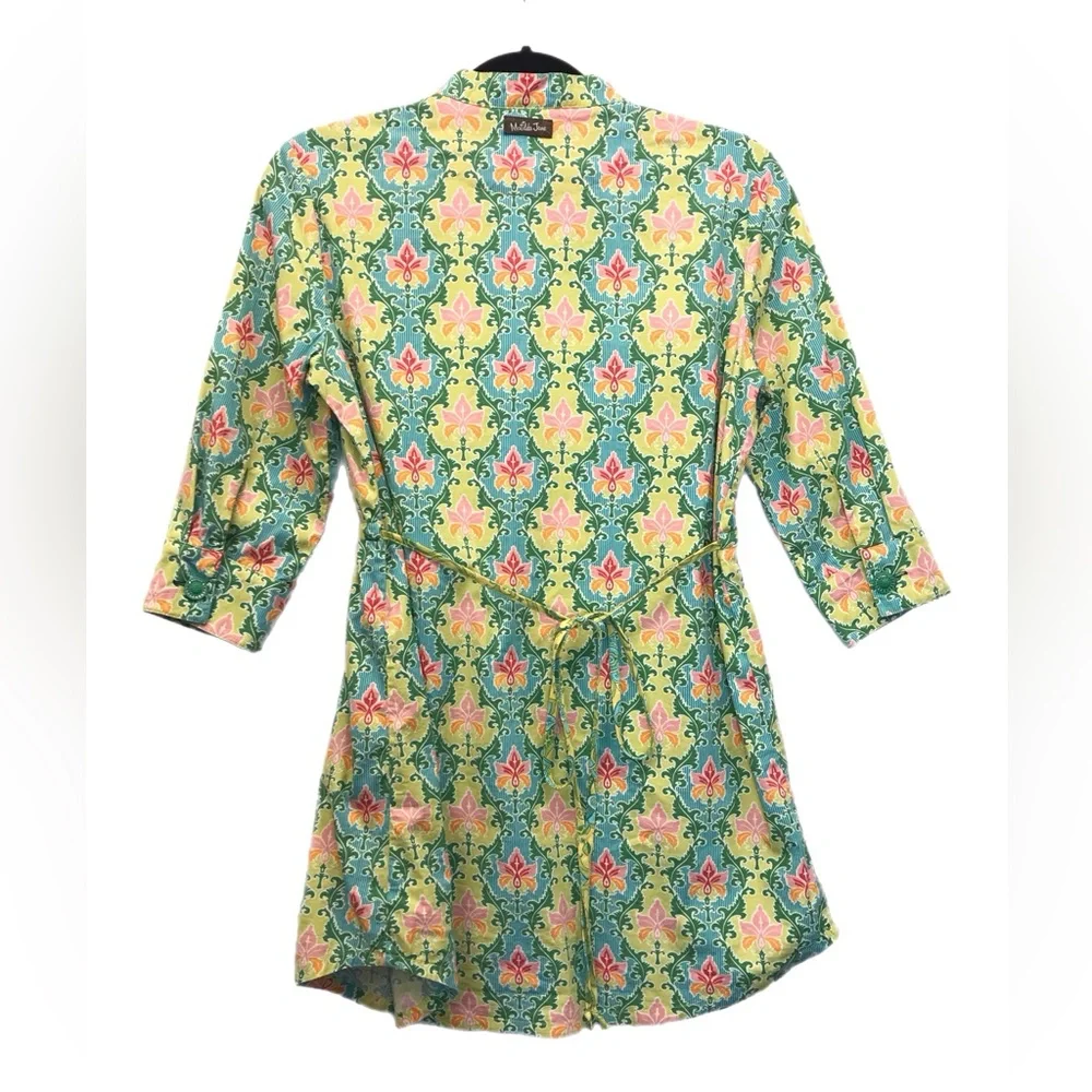 Matilda Jane Dress Button‎ up 3/4 Sleeve Tie Waist Floral Green Yellow Size S